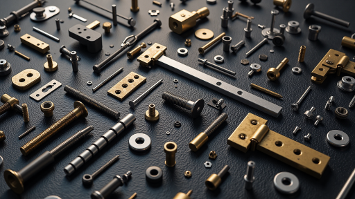 精密加工的金属构件和五金配件整齐排列，展现工业制造的精确度